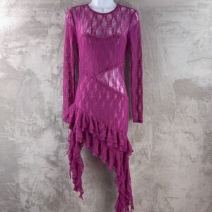 Miss Circle Lace Mini Dress Womens Size XS Pink Sheer Long Sleeve Ruffle Beauty
